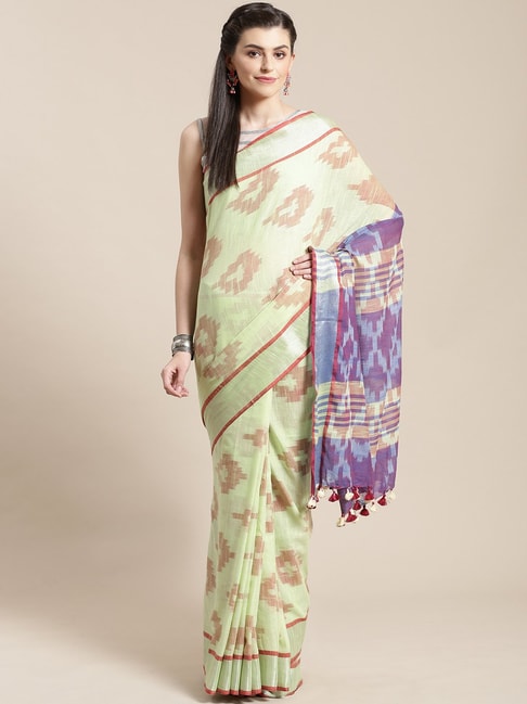 Kalakari India Green & Purple Linen Printed Saree With Unstitched Blouse Price in India