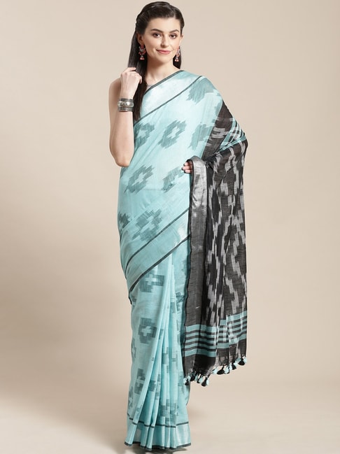Kalakari India Mint Blue & Black Linen Printed Saree With Unstitched Blouse Price in India