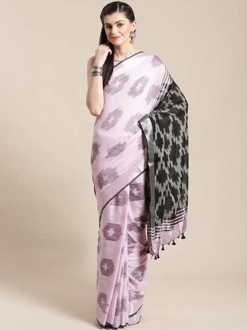 Kalakari India Pink & Black Linen Printed Saree With Unstitched Blouse Price in India