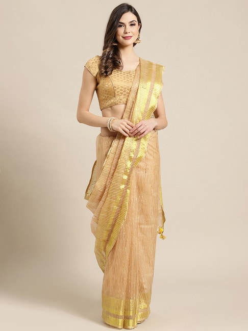 Kalakari India Beige & Golden Embroidered Saree With Unstitched Blouse Price in India