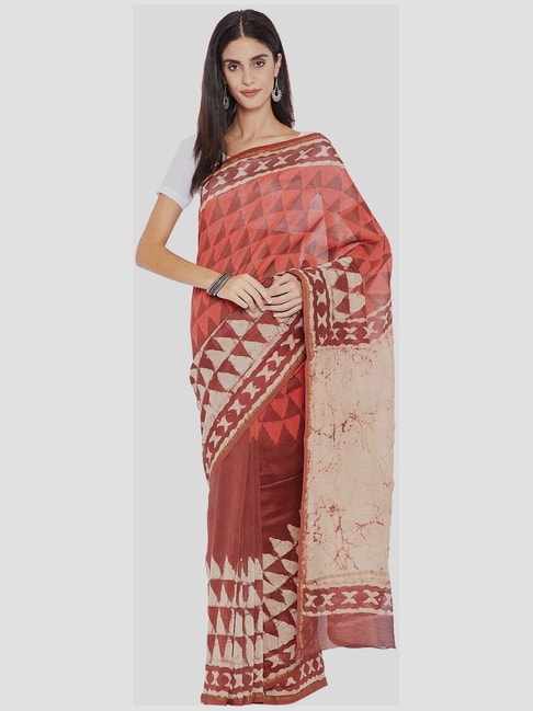 Kalakari India Peach & Brown Printed Saree With Unstitched Blouse Price in India