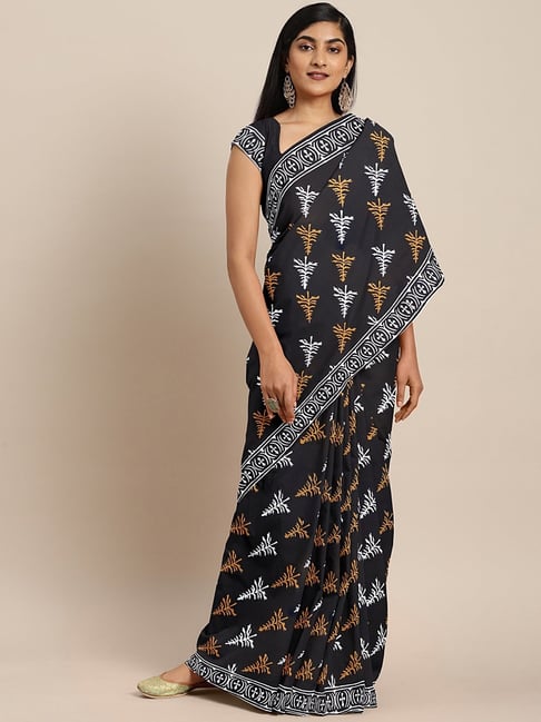 Kalakari India Black Cotton Printed Saree With Unstitched Blouse Price in India