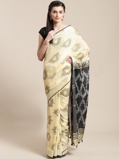 Kalakari India Beige & Black Linen Printed Saree With Unstitched Blouse Price in India