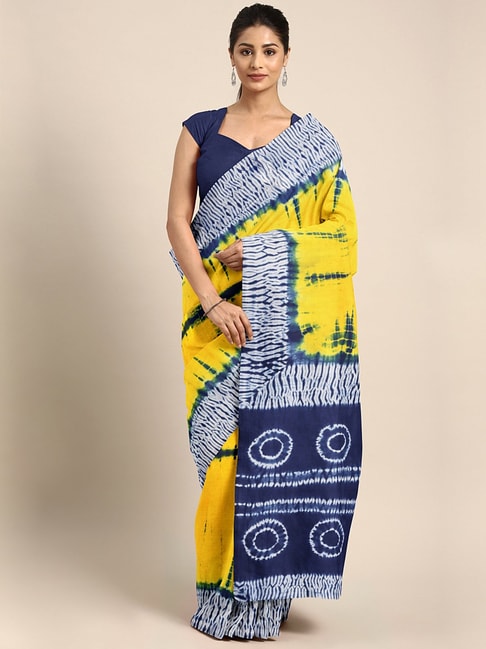 Kalakari India Yellow & Navy Cotton Printed Saree With Unstitched Blouse Price in India