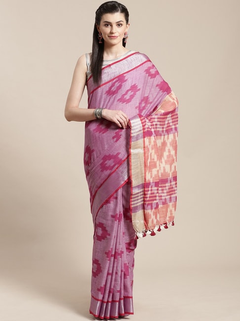 Kalakari India Purple Linen Printed Saree With Unstitched Blouse Price in India