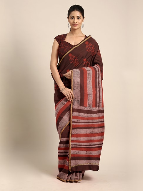 Kalakari India Brown Printed Saree With Unstitched Blouse Price in India