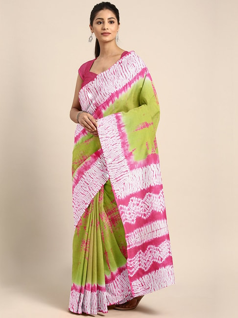 Kalakari India Green & Pink Cotton Printed Saree With Unstitched Blouse Price in India