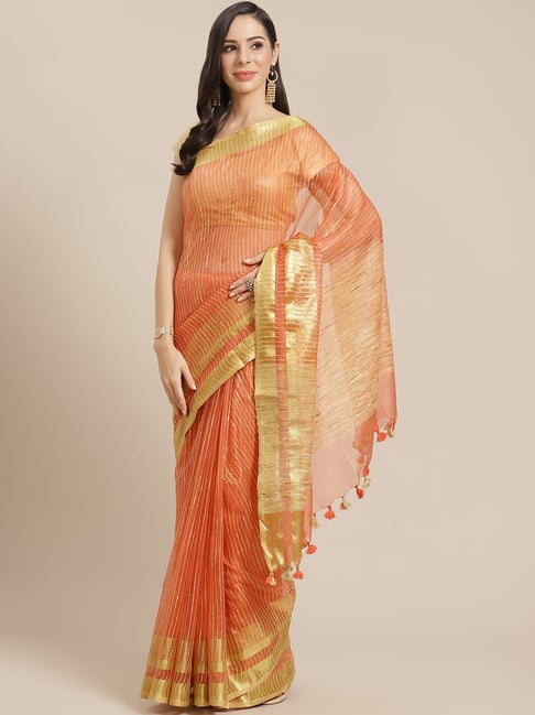 Kalakari India Orange Embroidered Saree With Unstitched Blouse Price in India