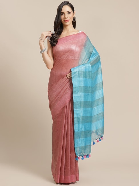 Kalakari India Peach & Turquoise Saree With Unstitched Blouse Price in India