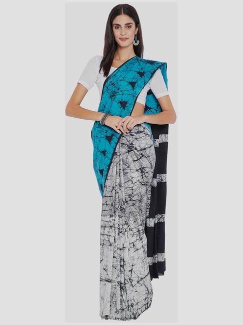 Kalakari India White & Turquoise Cotton Printed Saree With Unstitched Blouse Price in India