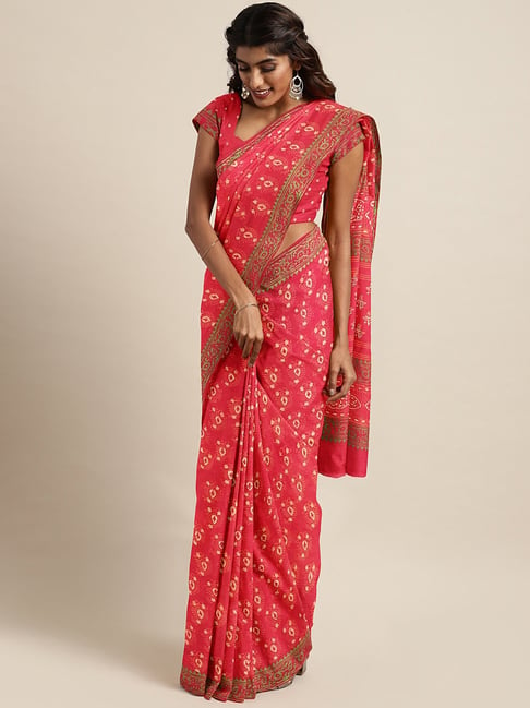 Kalakari India Coral Cotton Printed Saree With Unstitched Blouse Price in India
