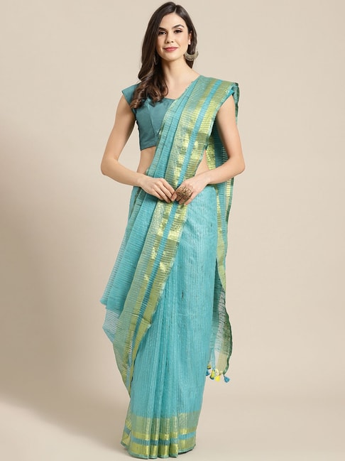 Kalakari India Turquoise Embroidered Saree With Unstitched Blouse Price in India