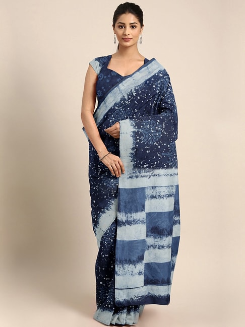 Kalakari India Navy Cotton Printed Saree With Unstitched Blouse Price in India