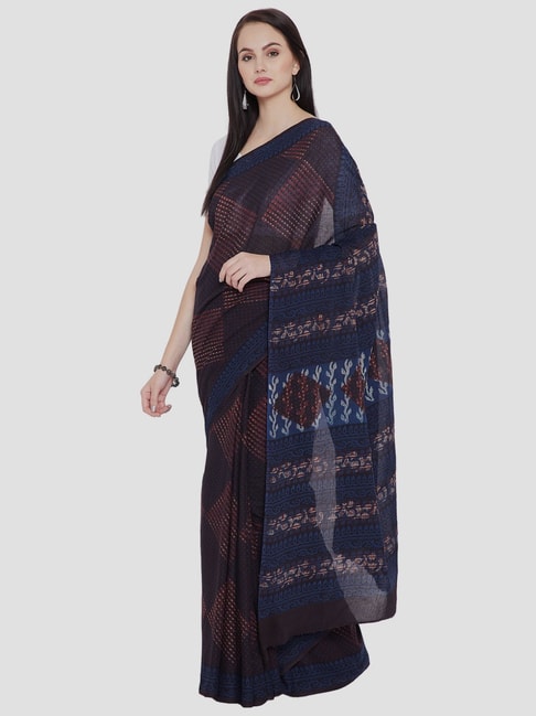 Kalakari India Black & Blue Cotton Printed Saree With Unstitched Blouse Price in India