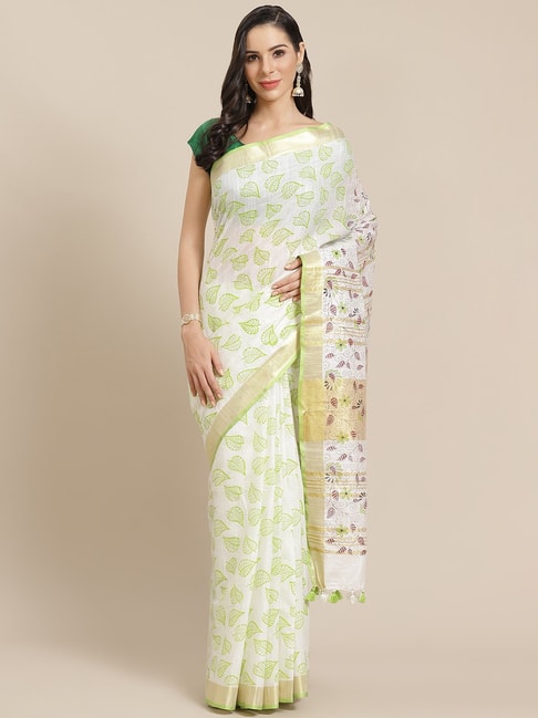 Kalakari India Off-White & Green Linen Printed Saree With Unstitched Blouse Price in India