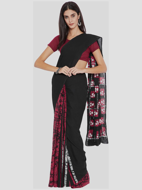 Kalakari India Black & Pink Cotton Printed Saree With Unstitched Blouse Price in India