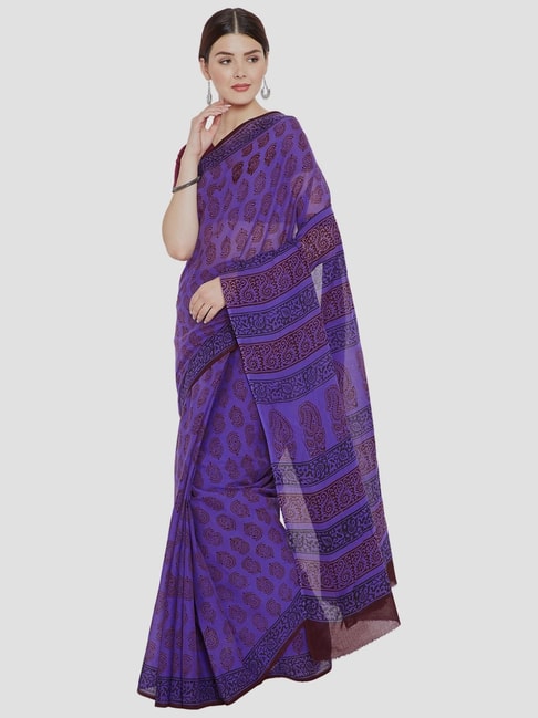 Kalakari India Purple Cotton Printed Saree With Unstitched Blouse Price in India