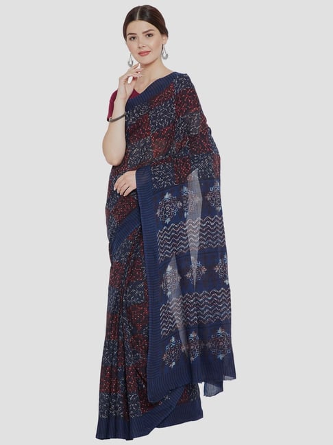 Kalakari India Blue & Maroon Cotton Printed Saree With Unstitched Blouse Price in India
