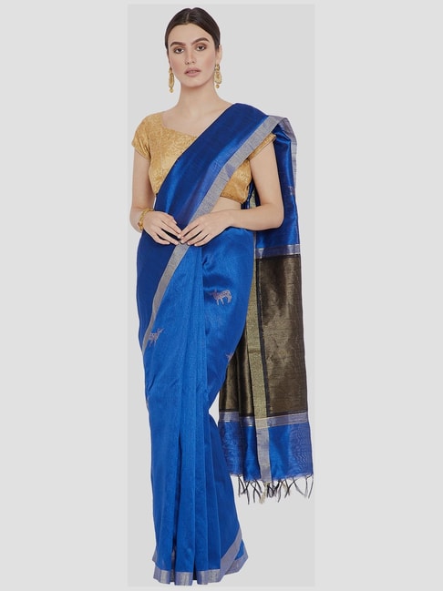 Kalakari India Blue Woven Saree With Unstitched Blouse Price in India