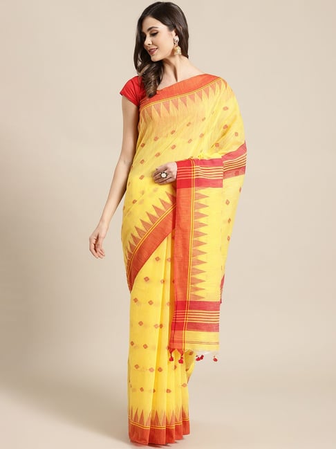 Kalakari India Yellow Woven Saree With Unstitched Blouse Price in India