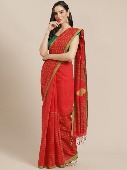 Kalakari India Red Chequered Saree With Unstitched Blouse Price in India