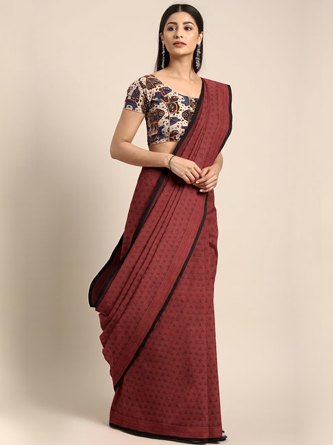 Kalakari India Red Cotton Printed Saree With Unstitched Blouse Price in India