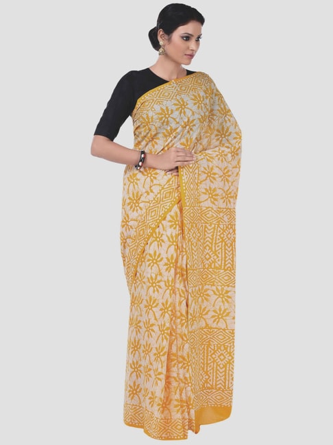 Kalakari India Off-White & Yellow Printed Saree With Unstitched Blouse Price in India