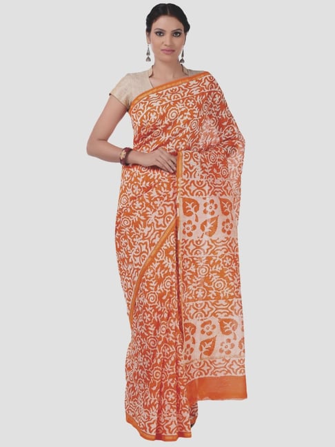 Kalakari India Orange Printed Saree With Unstitched Blouse Price in India