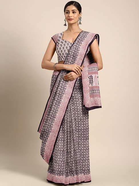 Kalakari India Off-White & Black Cotton Printed Saree With Unstitched Blouse Price in India