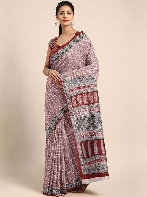 Kalakari India Off-White & Brown Cotton Printed Saree With Unstitched Blouse Price in India