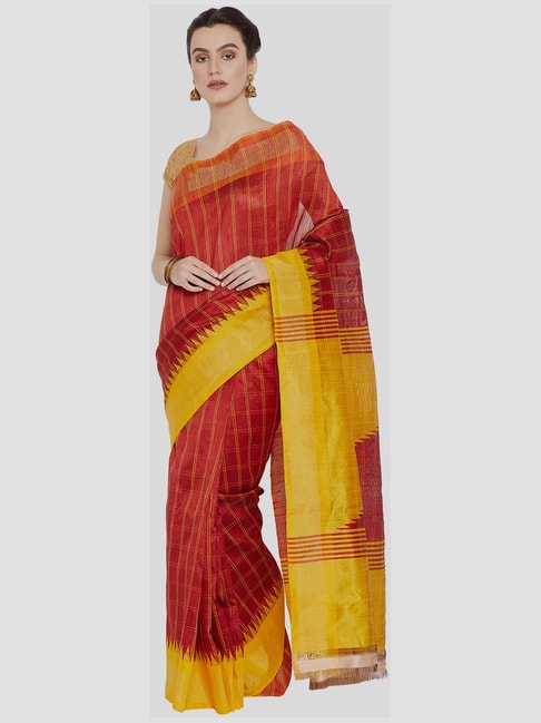 Kalakari India Red & Yellow Chequered Saree With Unstitched Blouse Price in India