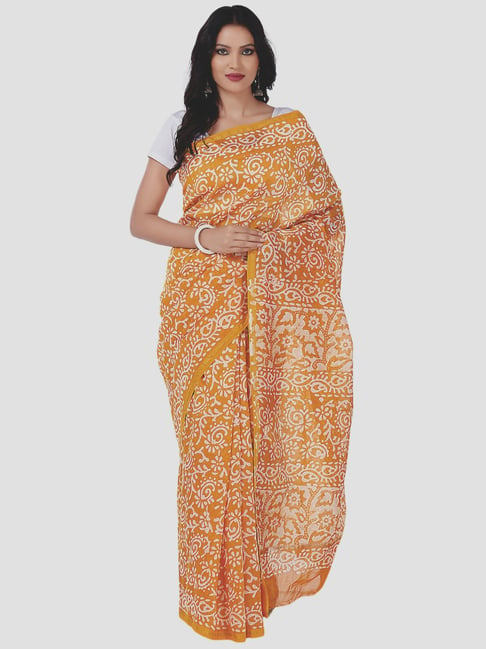 Kalakari India Yellow Printed Saree With Unstitched Blouse Price in India