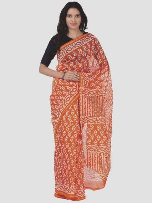 Kalakari India Orange Printed Saree With Unstitched Blouse Price in India