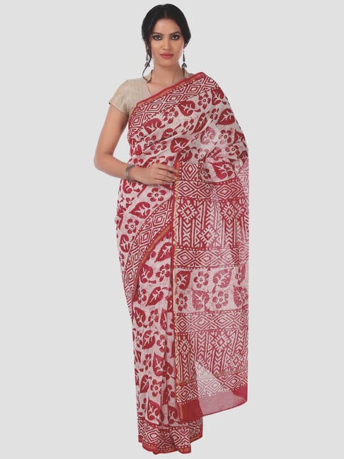 Kalakari India White & Maroon Printed Saree With Unstitched Blouse Price in India