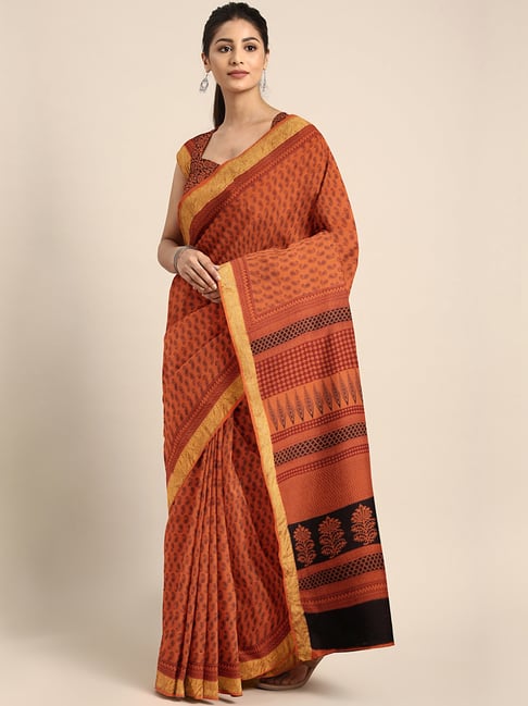 Kalakari India Orange Cotton Printed Saree With Unstitched Blouse Price in India