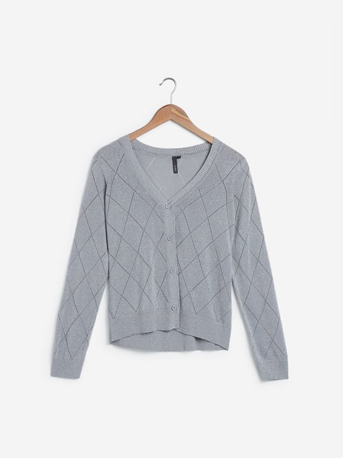 LOV by Westside Grey Geometrical Pattern Knitted Cardigan-LOV-Apparel-TATA CLIQ