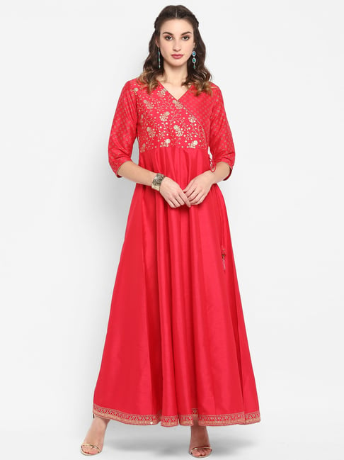 Janasya Red Printed Maxi Dress Price in India