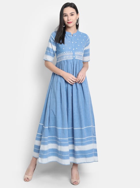 Janasya Blue Embroidered A-Line Dress Price in India