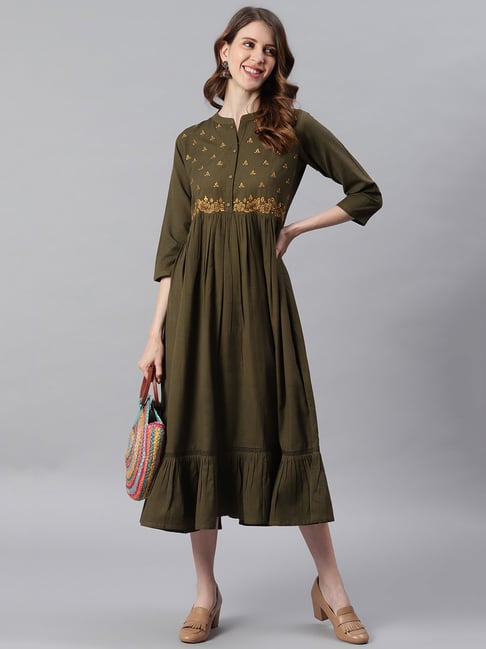 Janasya Olive Embroidered A-Line Dress Price in India