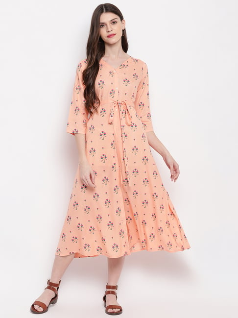Janasya Light Peach Printed A-Line Dress Price in India