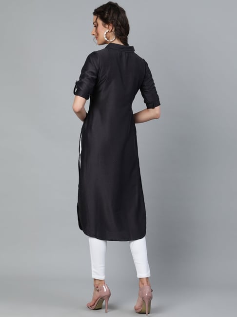 Aks women black solid straight cheap kurta