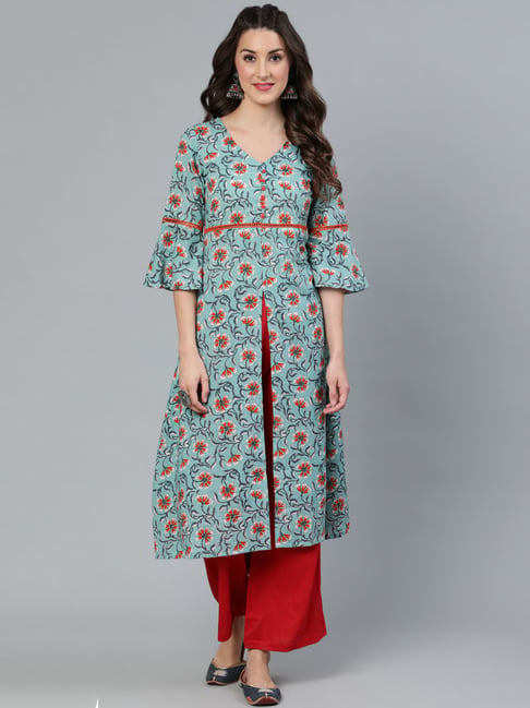 Aks Blue & Red Printed Kurta & Palazzo Set