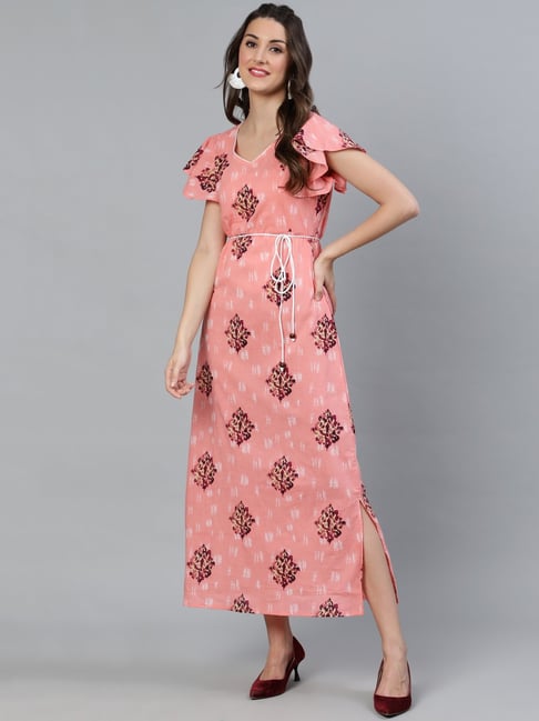 Aks Peach Printed A-Line Dress Price in India