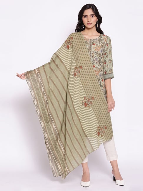 W Green & Beige Cotton Printed Dupatta