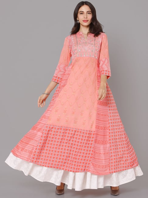 Ojas Design Peach & White Embellished Kurta Skirt Set Price in India