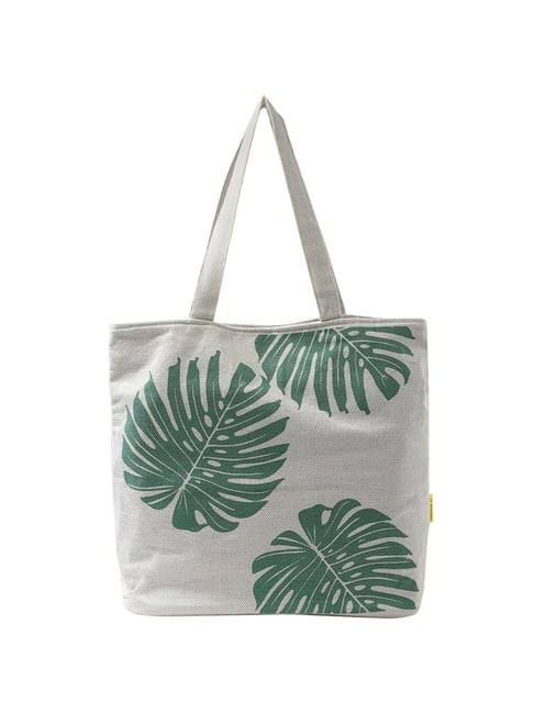 Forever 21 White & Green Printed Medium Tote Handbag Price in India