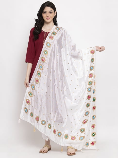 Clora Creation White Printed Silk Blend Dupatta