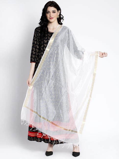 Clora Creation White Printed Cotton Blend Dupatta