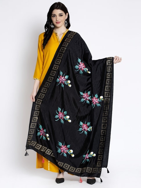 Clora Creation Black Embellished Silk Blend Dupatta