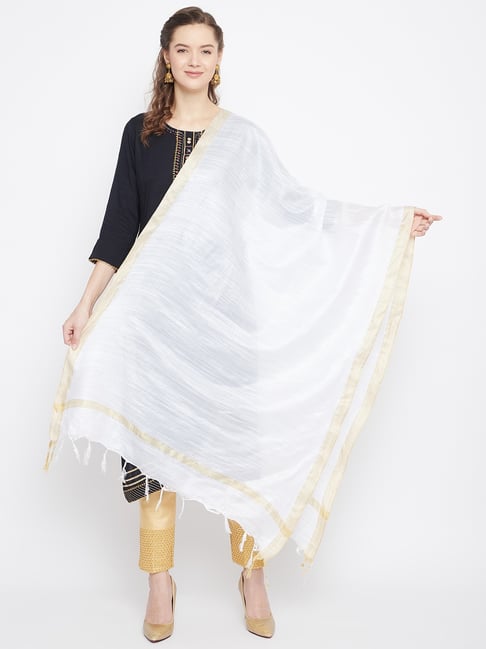 Clora Creation White Solid Cotton Blend Dupatta